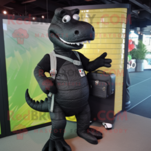 Black Crocodile mascot costume character dressed with a Playsuit and Messenger bags