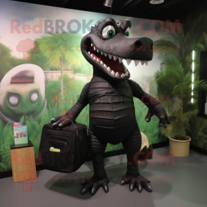 Black Crocodile mascot costume character dressed with a Playsuit and Messenger bags