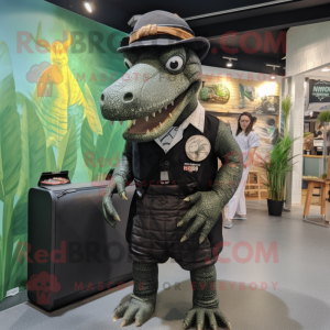 Black Crocodile mascot costume character dressed with a Playsuit and Messenger bags