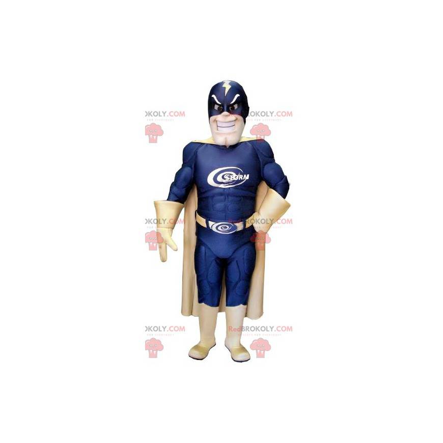 Superheld mascotte met een blauw en goud kostuum -
