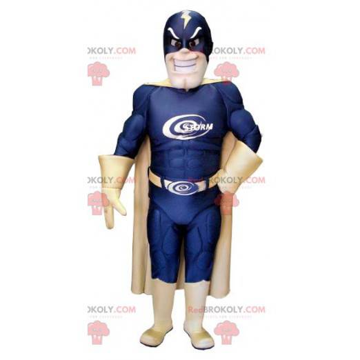 Mascote de super-herói com fantasia azul e dourada -