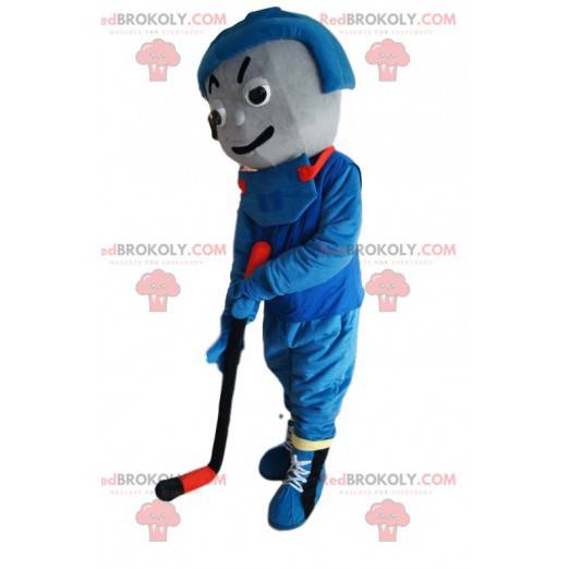 Hockeyspielermaskottchen in blauer Sportbekleidung -