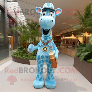 Sky Blue Giraffe mascot costume character dressed with a Overalls and Tie pins