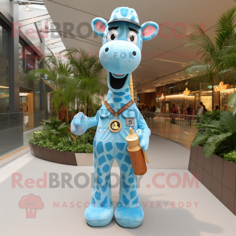 Sky Blue Giraffe mascot costume character dressed with a Overalls and Tie pins