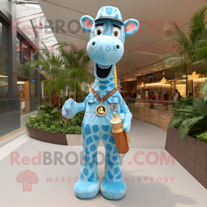 Sky Blue Giraffe mascot costume character dressed with a Overalls and Tie pins Sky Blue Giraffe mascot costume character dressed with a Overalls and Tie pins