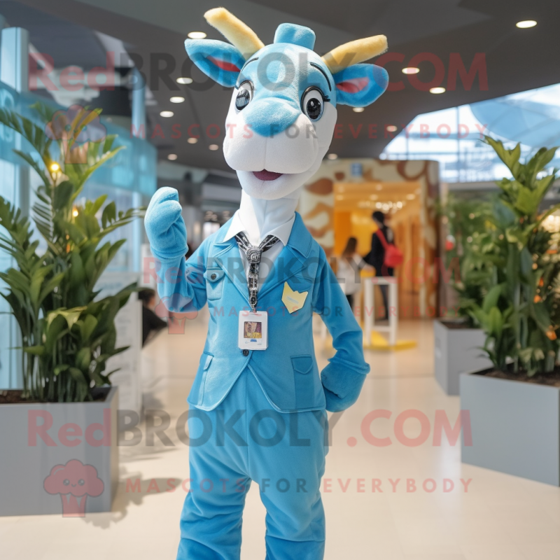 Sky Blue Giraffe mascot costume character dressed with a Overalls and Tie pins