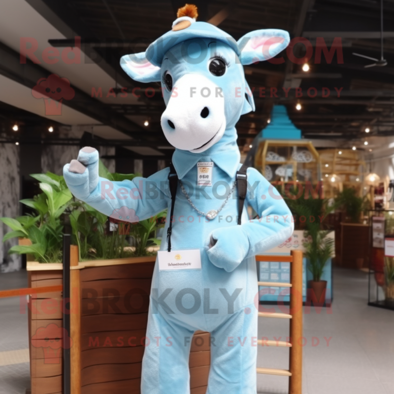 Sky Blue Giraffe mascot costume character dressed with a Overalls and Tie pins