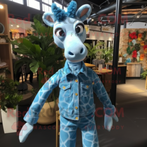 Sky Blue Giraffe mascot costume character dressed with a Overalls and Tie pins