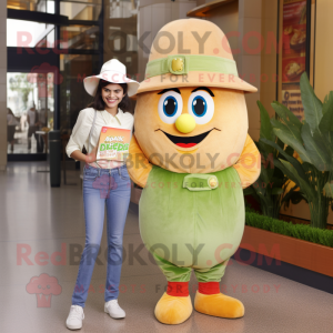 Peach Caesar Salad mascot costume character dressed with a Mom Jeans and Hats