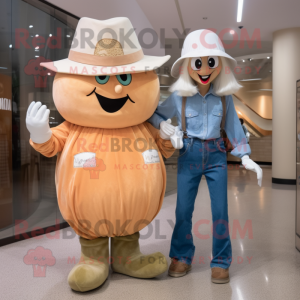 Peach Caesar Salad mascot costume character dressed with a Mom Jeans and Hats