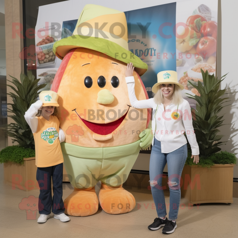 Peach Caesar Salad mascot costume character dressed with a Mom Jeans and Hats