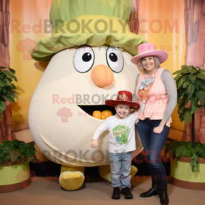 Peach Caesar Salad mascot costume character dressed with a Mom Jeans and Hats