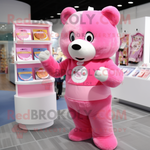 Pink Bear mascot costume character dressed with a Rash Guard and Coin purses