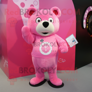 Pink Bear mascot costume character dressed with a Rash Guard and Coin purses