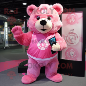 Pink Bear mascot costume character dressed with a Rash Guard and Coin purses