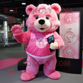 Pink Bear mascot costume character dressed with a Rash Guard and Coin purses