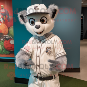 White Lemur mascot costume character dressed with a Baseball Tee and Scarf clips