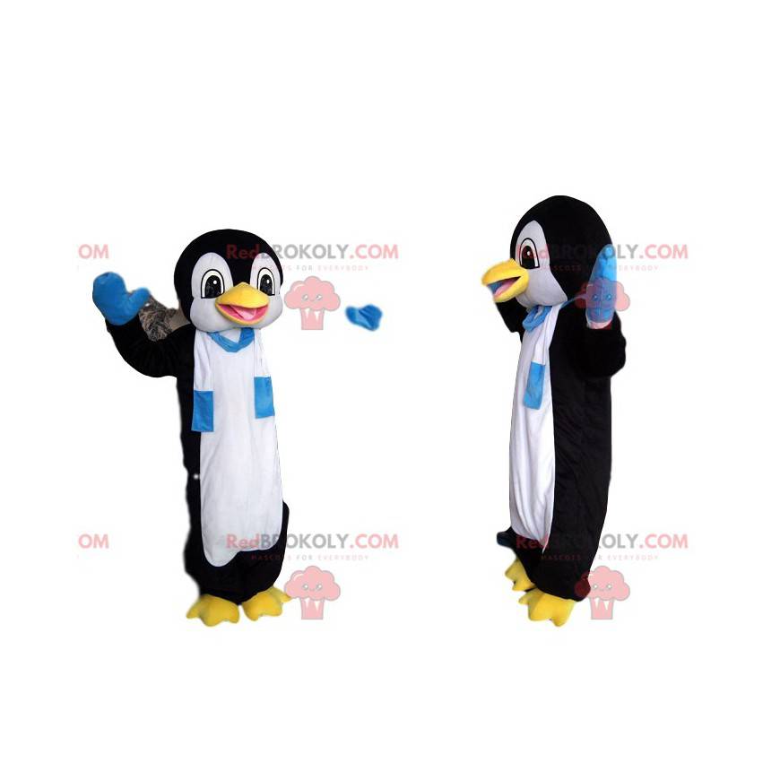 Divertente mascotte pinguino con una sciarpa blu e bianca -