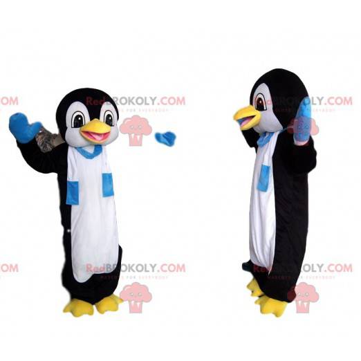 Grappige pinguïnmascotte met een blauwe en witte sjaal -