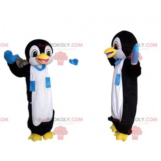 Mascote pinguim engraçado com um lenço azul e branco -