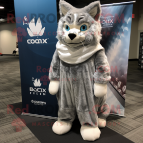 Silver Lynx mascot costume character dressed with a Sweatshirt and Scarves