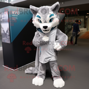 Silver Lynx mascot costume character dressed with a Sweatshirt and Scarves
