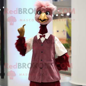 Maroon Ostrich mascot costume character dressed with a Poplin Shirt and Hair clips