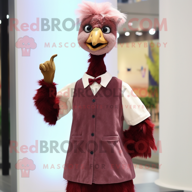 Maroon Ostrich mascot costume character dressed with a Poplin Shirt and Hair clips Maroon Ostrich mascot costume character dressed with a Poplin Shirt and Hair clips