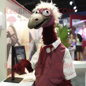 Maroon Ostrich mascot costume character dressed with a Poplin Shirt and Hair clips