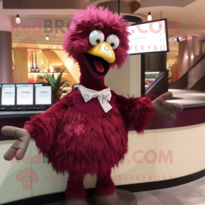 Maroon Ostrich mascot costume character dressed with a Poplin Shirt and Hair clips