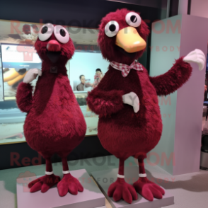 Maroon Ostrich mascot costume character dressed with a Poplin Shirt and Hair clips