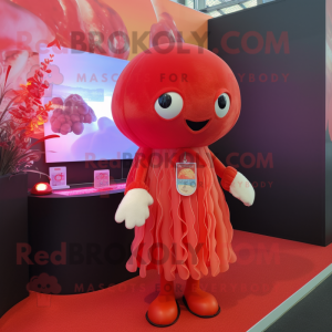 Red Jellyfish mascot costume character dressed with a Waistcoat and Keychains