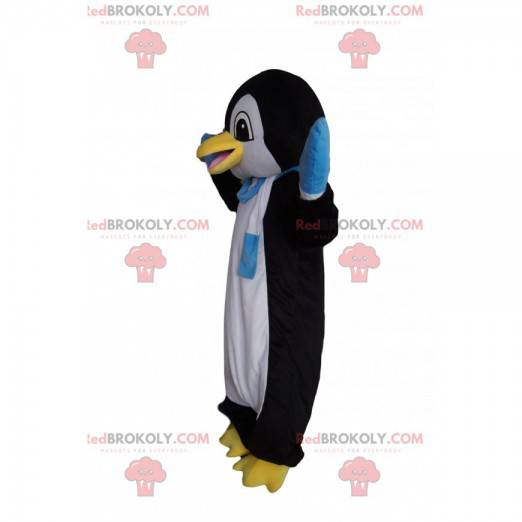Morsom pingvin maskot med et blått og hvitt skjerf -