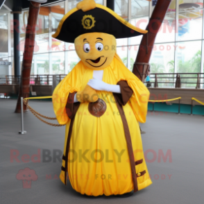 Yellow Pirate mascot costume character dressed with a Empire Waist Dress and Shawl pins