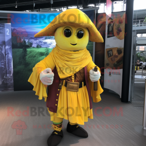 Yellow Pirate mascot costume character dressed with a Empire Waist Dress and Shawl pins