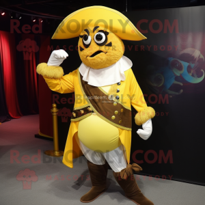 Yellow Pirate mascot costume character dressed with a Empire Waist Dress and Shawl pins