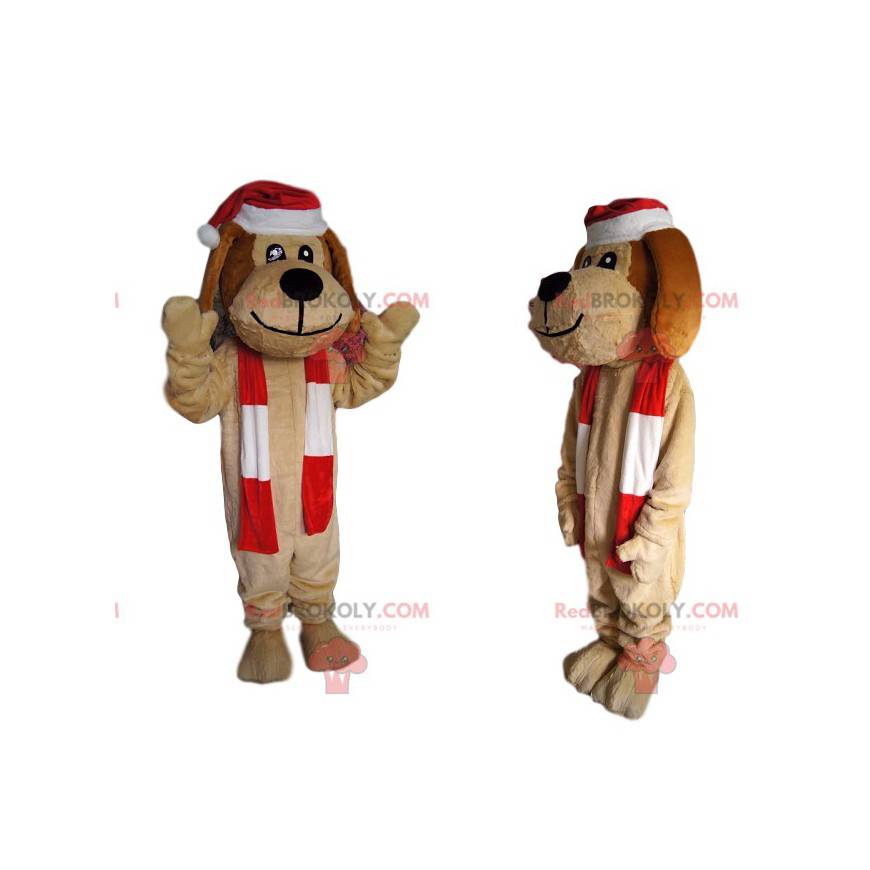 Mascotte de chien beige joyeux avec un bonnet de Noël -
