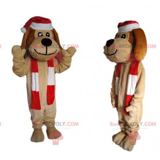 Mascotte de chien beige joyeux avec un bonnet de Noël -