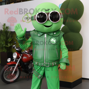 Forest Green Plum mascot costume character dressed with a Moto Jacket and Bracelet watches