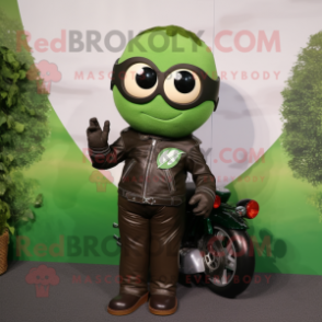 Forest Green Plum mascot costume character dressed with a Moto Jacket and Bracelet watches