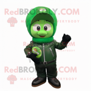 Forest Green Plum mascot costume character dressed with a Moto Jacket and Bracelet watches