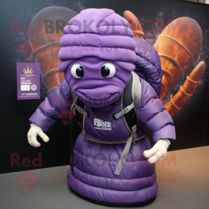 Purple Trilobite mascot costume character dressed with a Bomber Jacket and Backpacks