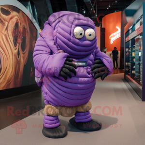 Purple Trilobite mascot costume character dressed with a Bomber Jacket and Backpacks