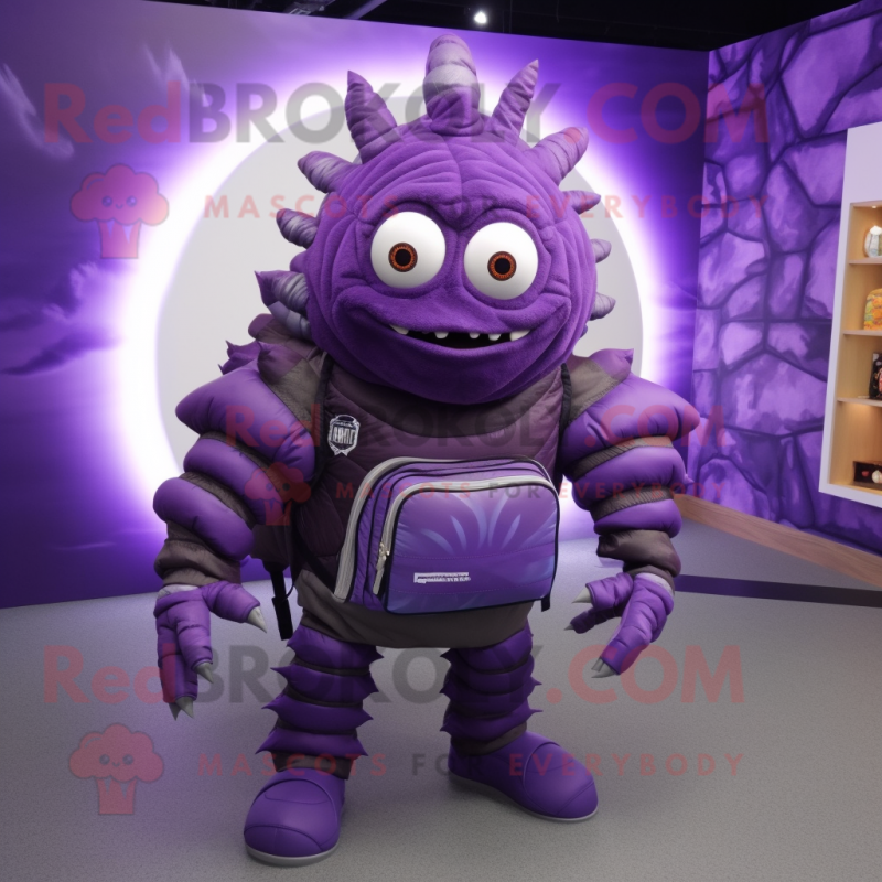 Purple Trilobite mascot costume character dressed with a Bomber Jacket and Backpacks