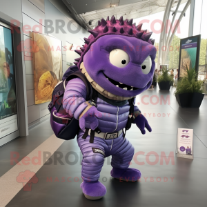 Purple Trilobite mascot costume character dressed with a Bomber Jacket and Backpacks