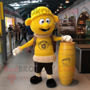 Yellow Guinness mascot costume character dressed with a Henley Shirt and Backpacks