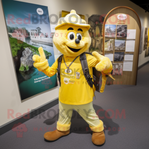 Yellow Guinness mascot costume character dressed with a Henley Shirt and Backpacks