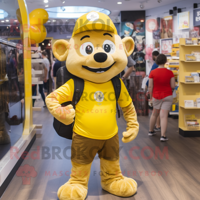 Yellow Guinness mascot costume character dressed with a Henley Shirt and Backpacks Yellow Guinness mascot costume character dressed with a Henley Shirt and Backpacks
