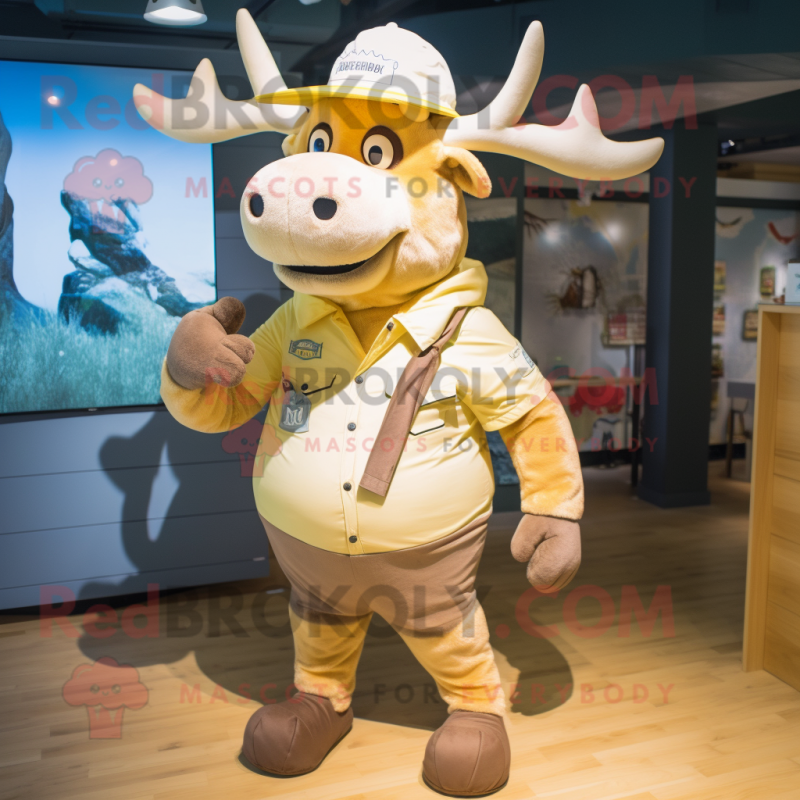 Cream Elk mascot costume character dressed with a Denim Shorts and Berets