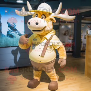 Cream Elk mascot costume character dressed with a Denim Shorts and Berets